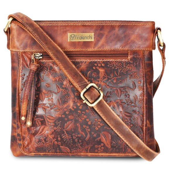 Genuine Leather Crossbody Bag Elegant Flower Embossing Multiple Compartments